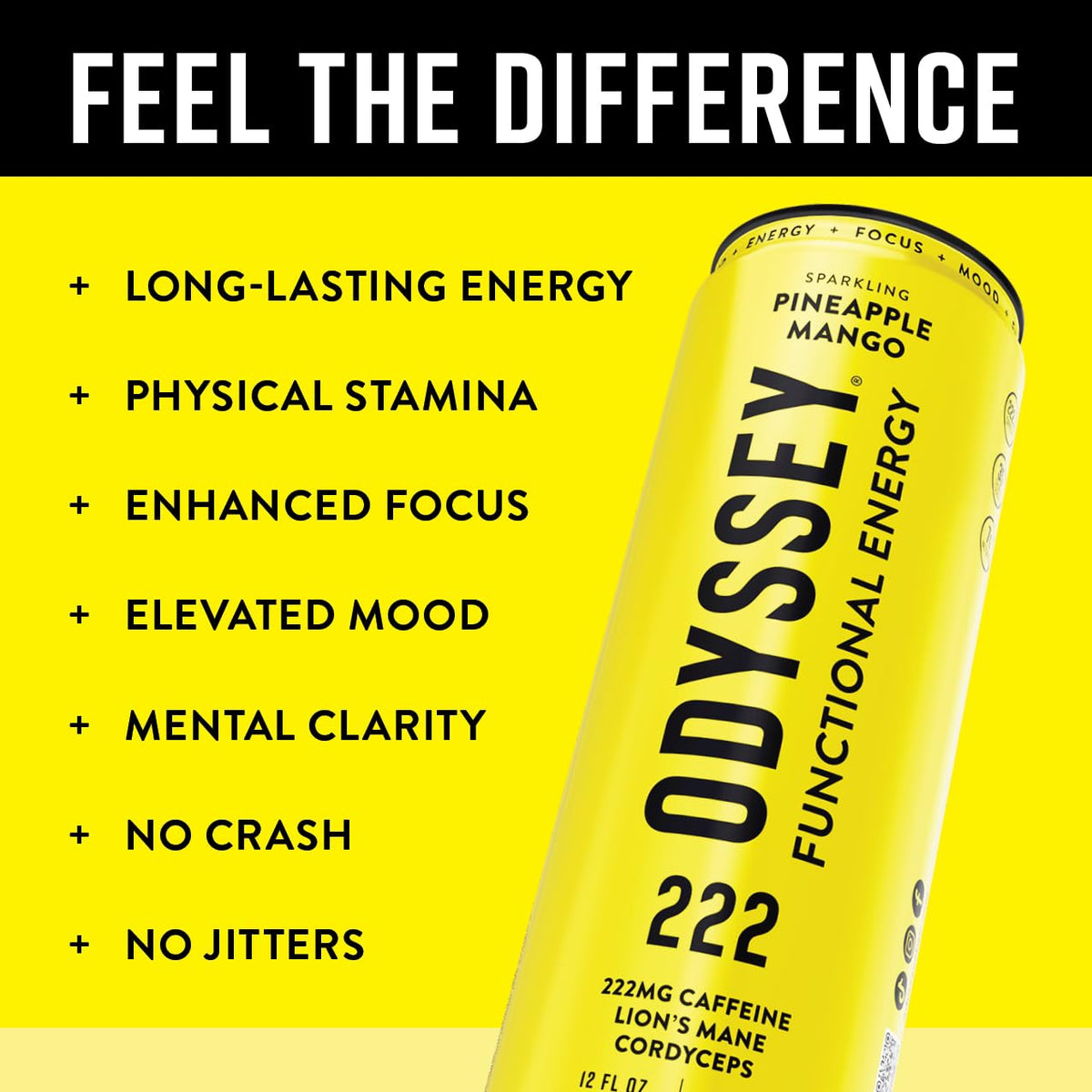 Odyssey Elixir Odyssey 222 – Sparkling Energy Drink with Lion’s Mane & Cordyceps | 222 mg Caffeine | Pineapple Mango