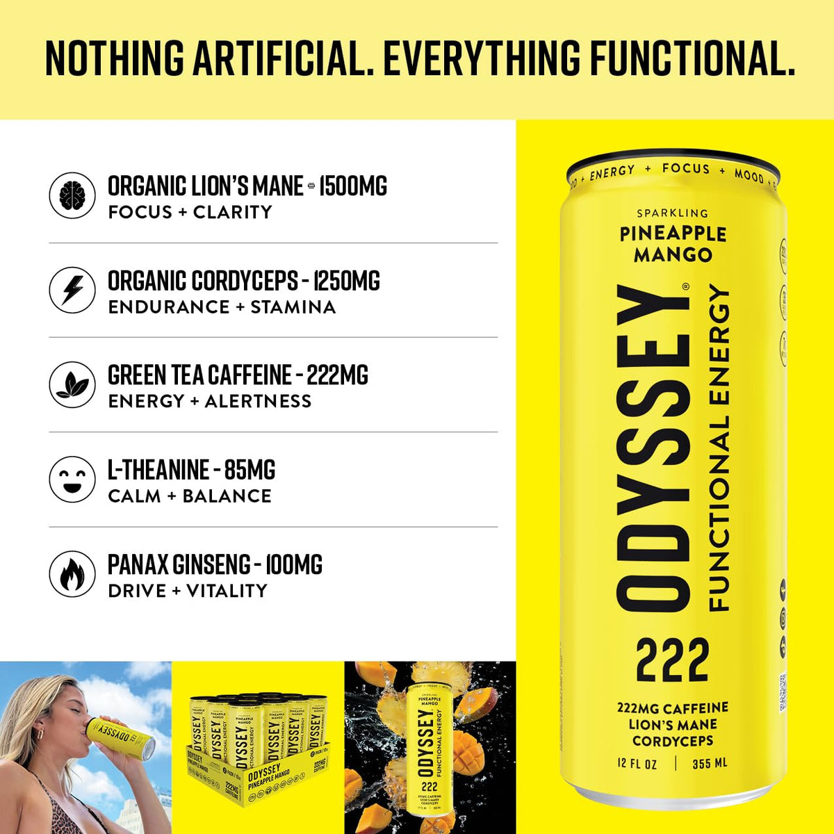Odyssey Elixir Odyssey 222 – Sparkling Energy Drink with Lion’s Mane & Cordyceps | 222 mg Caffeine | Pineapple Mango