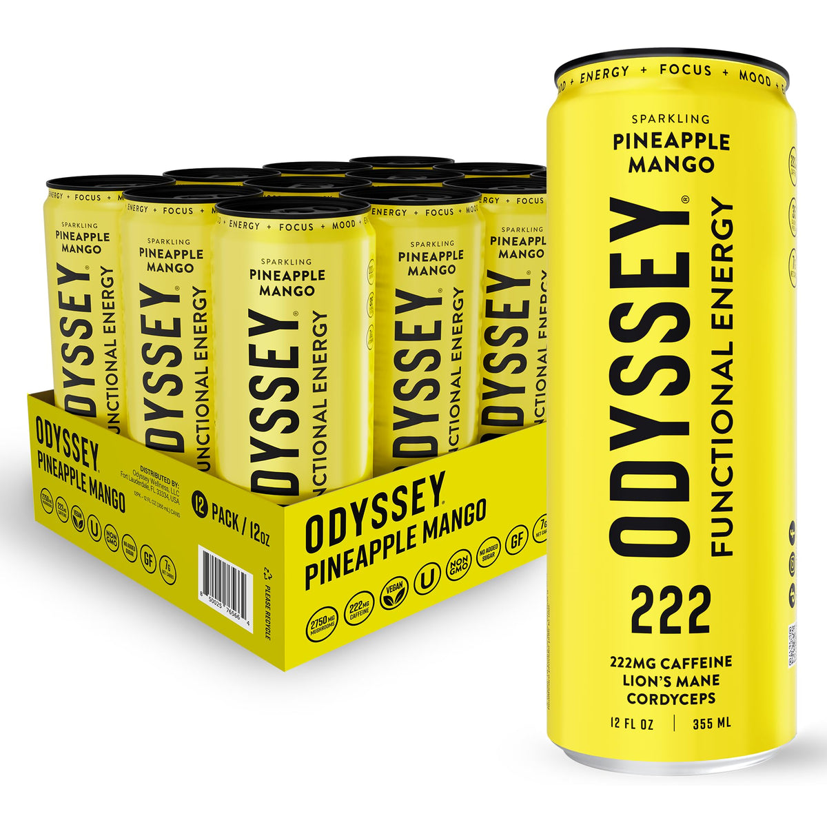 Odyssey Elixir Odyssey 222 – Sparkling Energy Drink with Lion’s Mane & Cordyceps | 222 mg Caffeine | Pineapple Mango