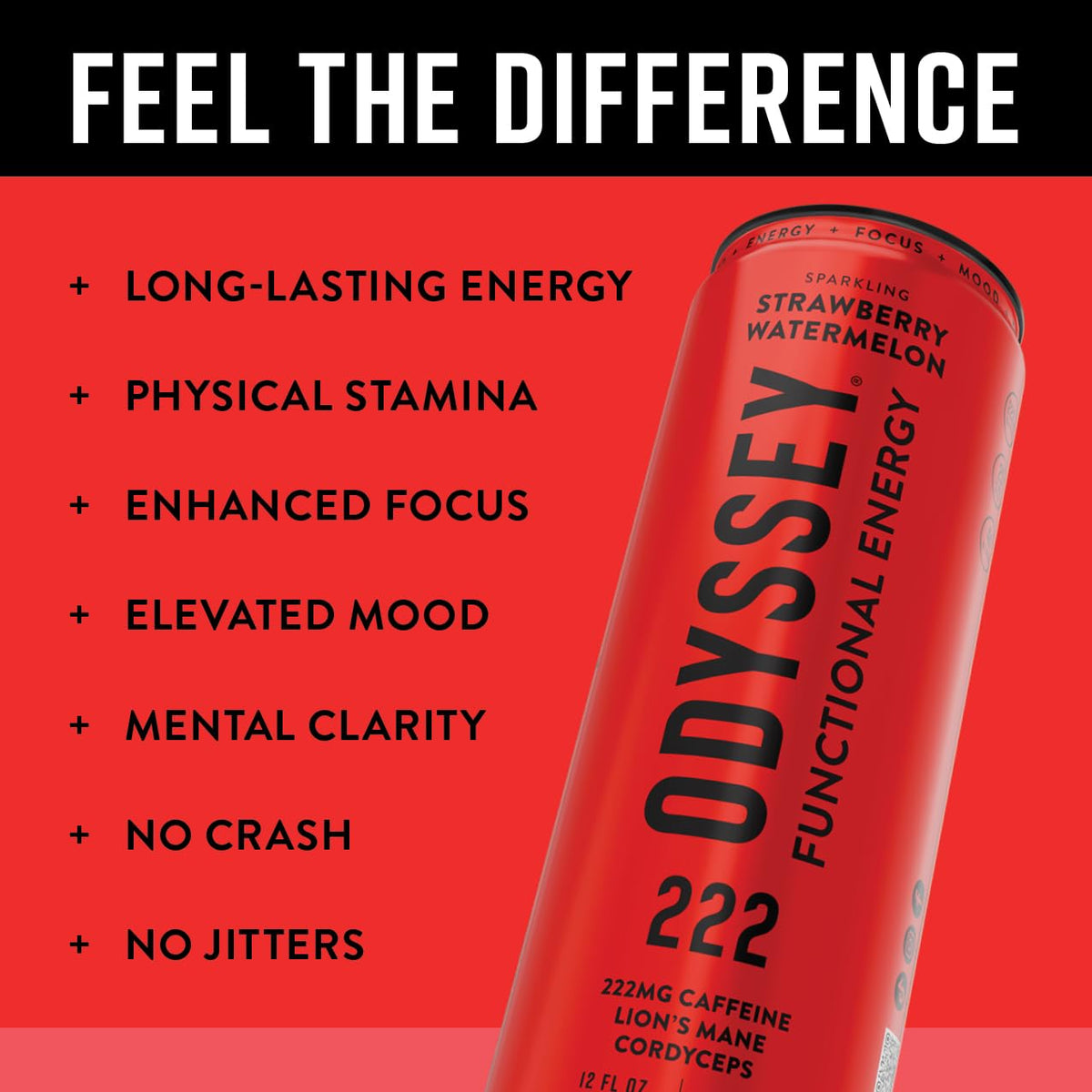 Odyssey Elixir Odyssey 222 – Sparkling Energy Drink with 222 mg Caffeine, Lion’s Mane & Cordyps (Strawberry Watermelon)