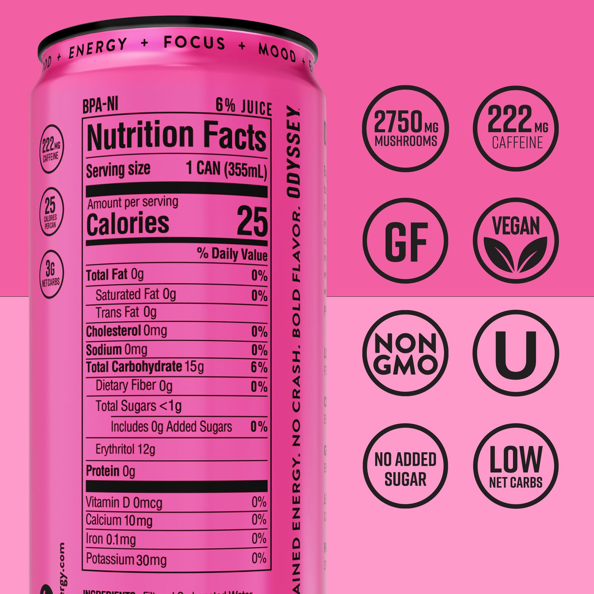 Odyssey Elixir Functional Energy Drink – 222 mg Caffeine for Focus & Mood (12 Pack)