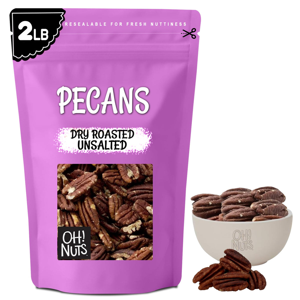 Oh! Nuts Pecans Dry Roasted Unsalted – Kosher, Oil-Free, All Natural, 2 lb Bulk Bag