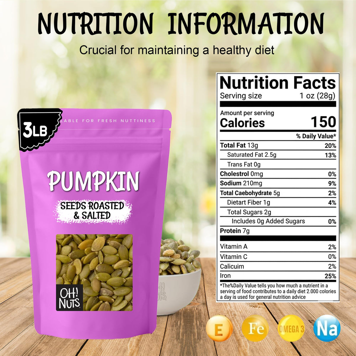 Oh! Nuts Pumpkin Seeds - Roasted & Salted Pepitas (No Shell) 3 lb Zip-Seal Bag for Freshness