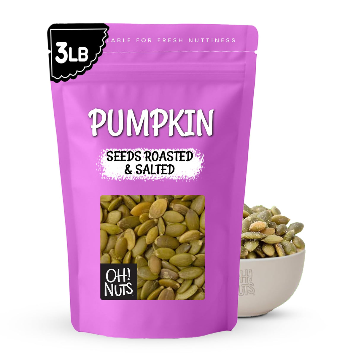 Oh! Nuts Pumpkin Seeds - Roasted & Salted Pepitas (No Shell) 3 lb Zip-Seal Bag for Freshness