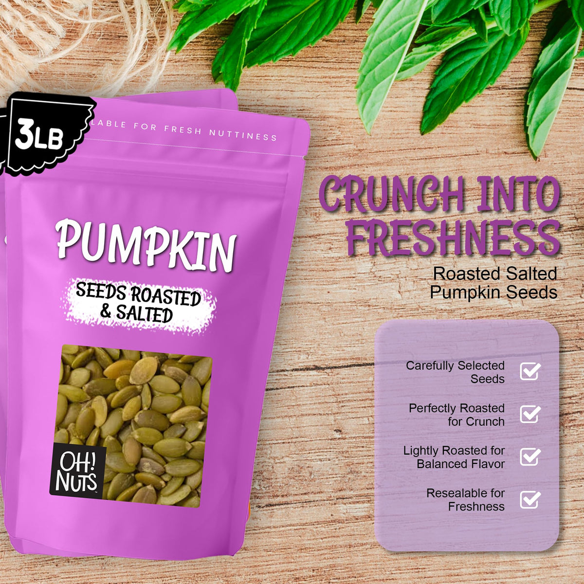 Oh! Nuts Pumpkin Seeds - Roasted & Salted Pepitas (No Shell) 3 lb Zip-Seal Bag for Freshness
