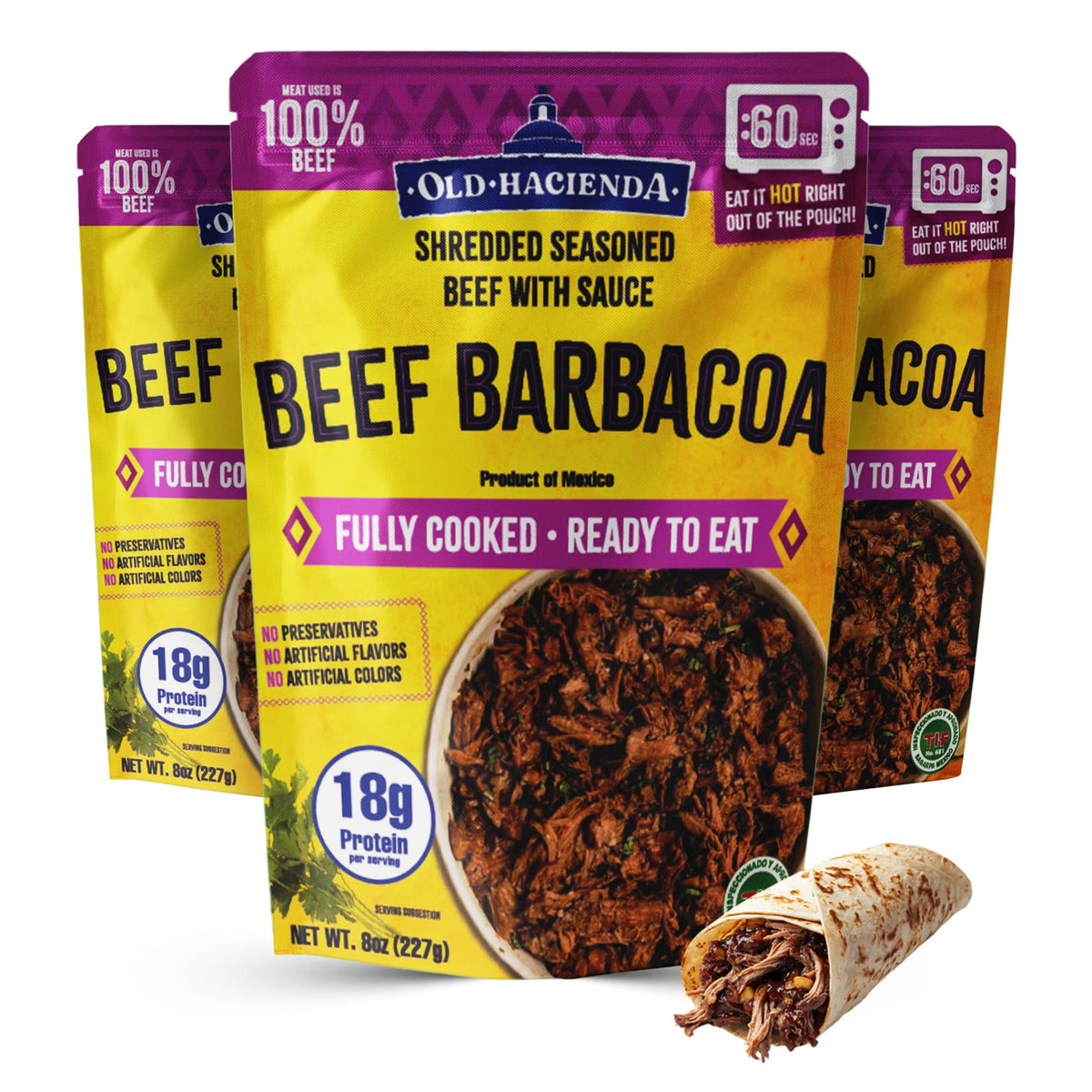 Old Hacienda Beef Barbacoa – Pack of 3 (8 oz), Fully Cooked, 18g Protein