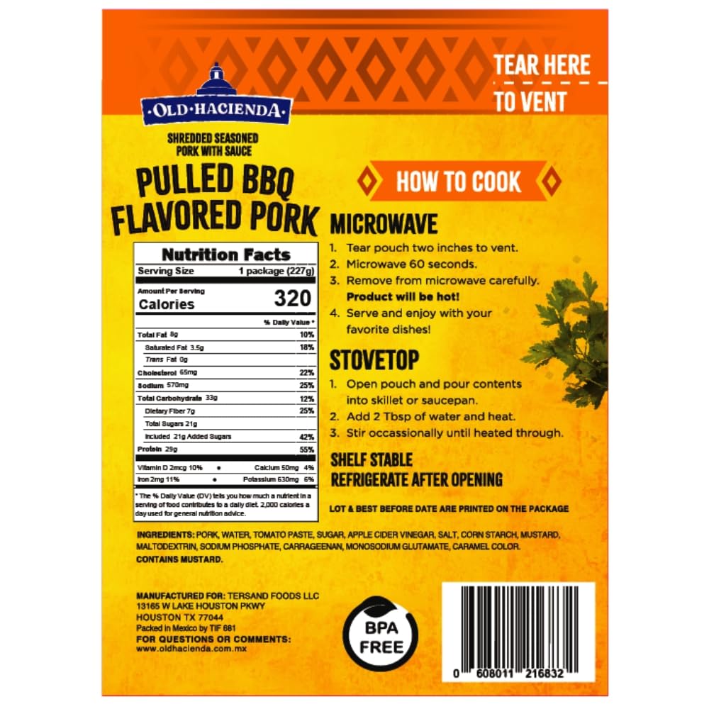 Old Hacienda Pulled BBQ Flavored Pork | 29g Protein, Fully Cooked, 3-Pack 8oz