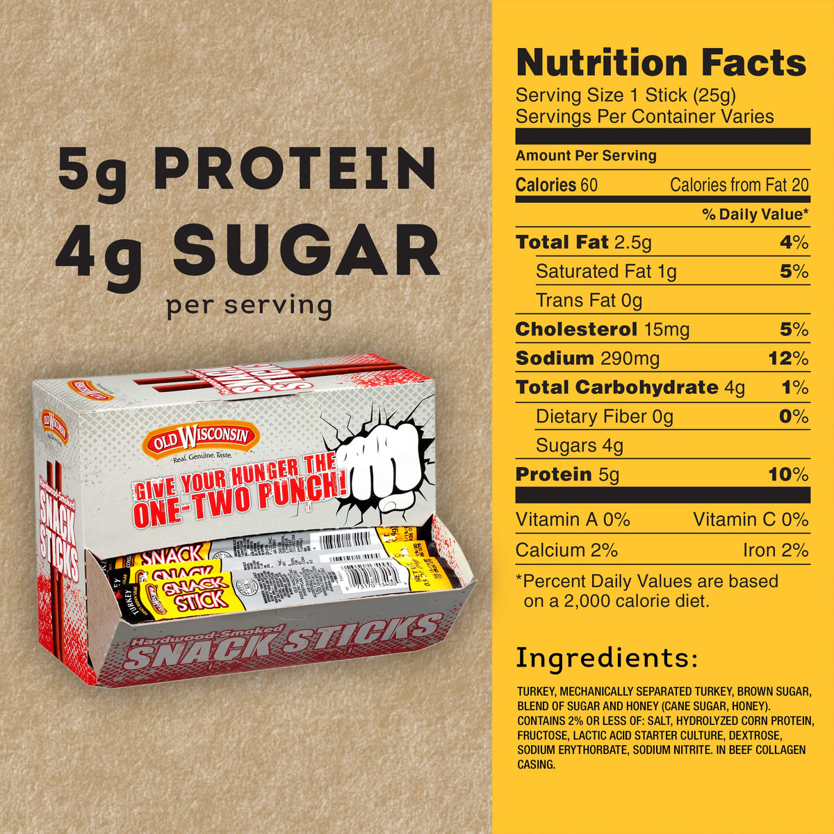 Old Wisconsin Honey Turkey Snack Sticks – High Protein, Low Carb, Gluten Free, 42-Count Box