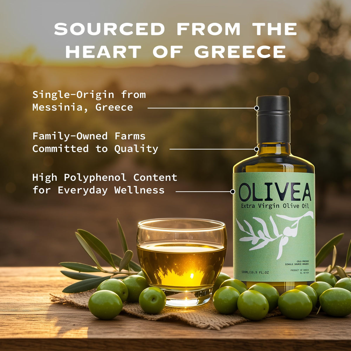 OLIVEA High Phenolic Olive Oil – 500+ mg/kg Polyphenols | Early Harvest Koroneiki EVOO 500ml
