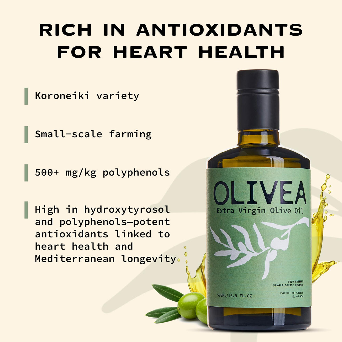 OLIVEA High Phenolic Olive Oil – 500+ mg/kg Polyphenols | Early Harvest Koroneiki EVOO 500ml