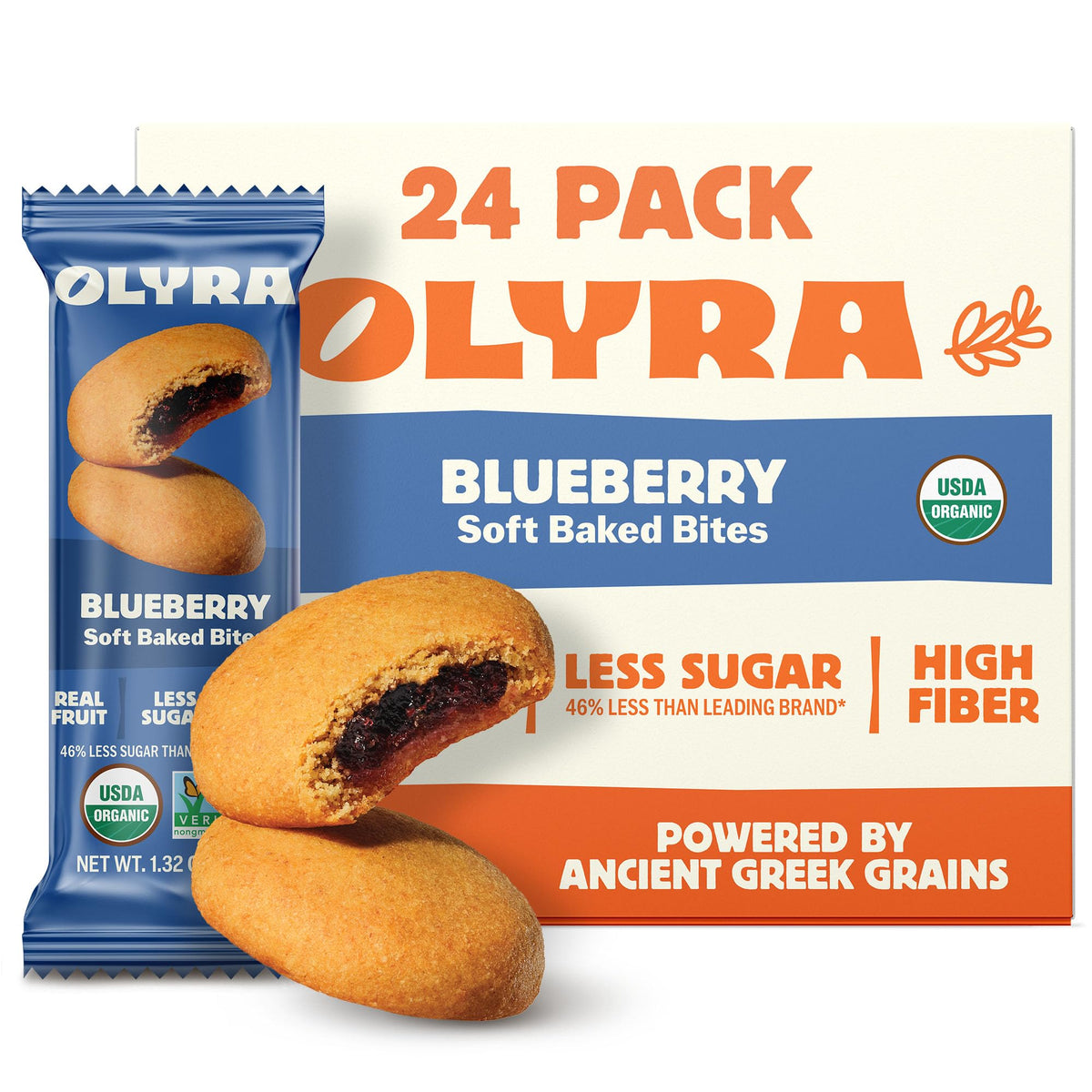 Olyra Organic Soft Baked Blueberry Bars – High Fiber Vegan Breakfast Snacks (Pack of 24)