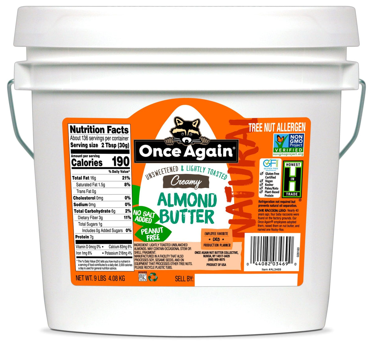 Once Again Creamy Natural Almond Butter – No Sugar, Lightly Toasted, 9 lb Bucket
