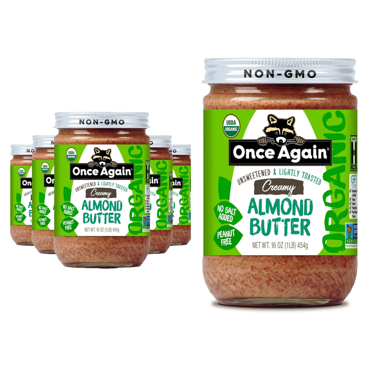 Once Again Creamy Organic Almond Butter – No Sugar, Lightly Toasted, Single Ingredient, Glass Jar (6-Pack)