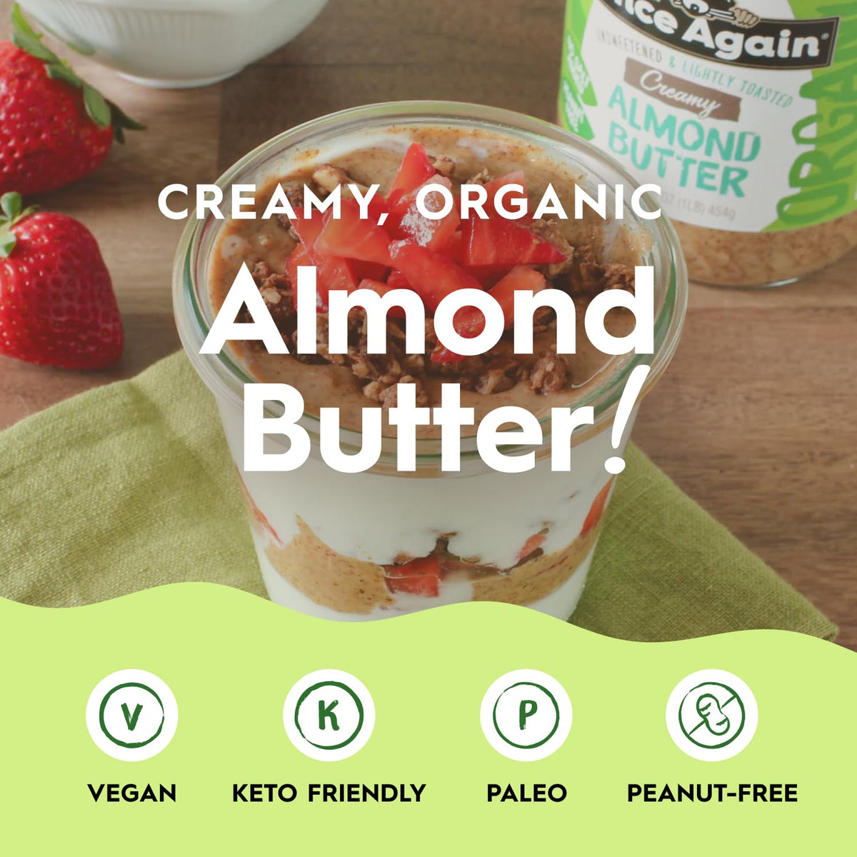 Once Again Creamy Organic Almond Butter – No Sugar, Lightly Toasted, Single Ingredient, Glass Jar (6-Pack)