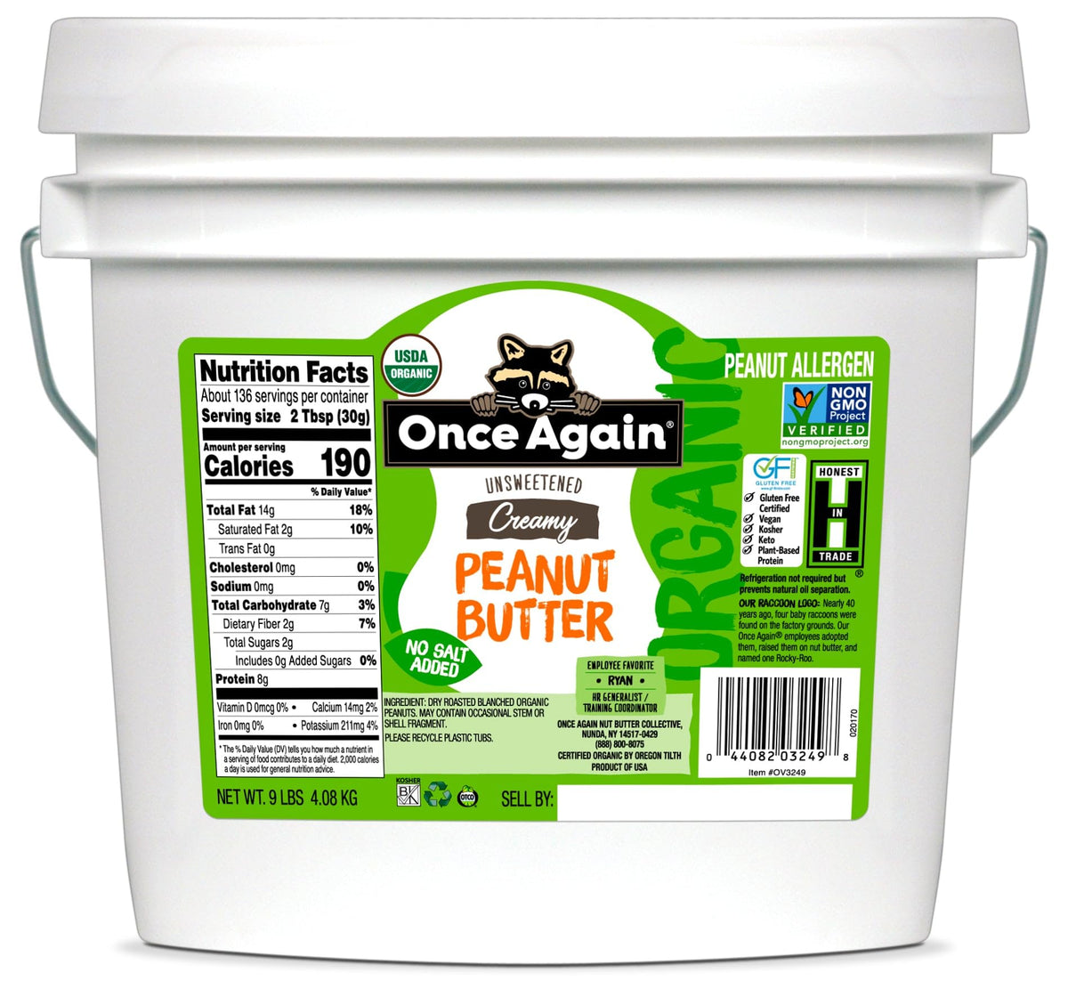 Once Again Organic Creamy Peanut Butter 9 lb Bucket – No Sugar Added, Unsalted