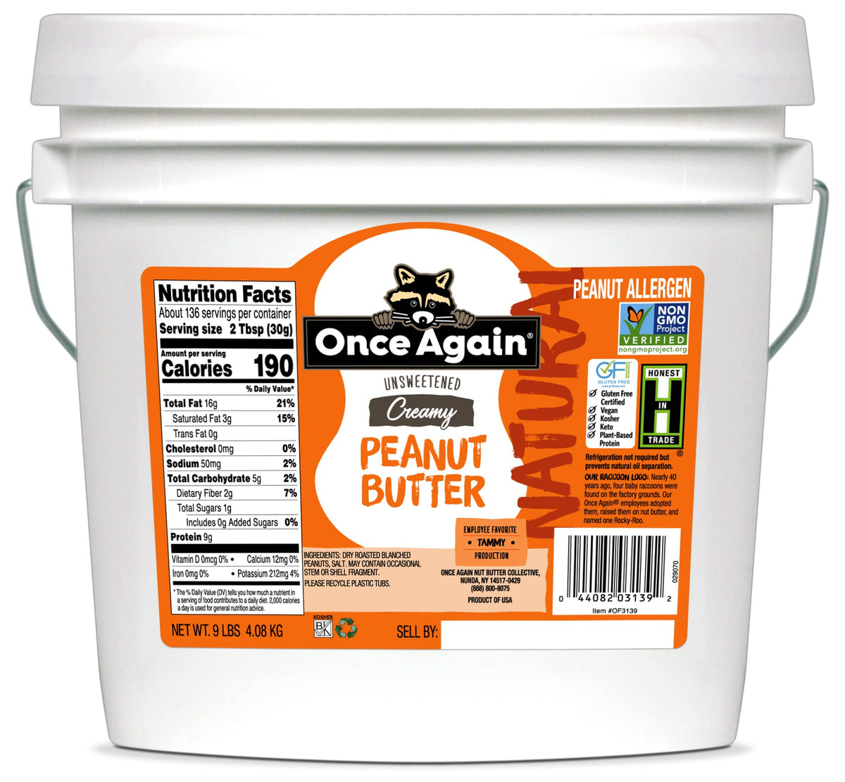 Once Again Natural Creamy Peanut Butter 9lb Bucket — Lightly Salted, Unsweetened | Gluten Free, Vegan, Kosher, Non-GMO