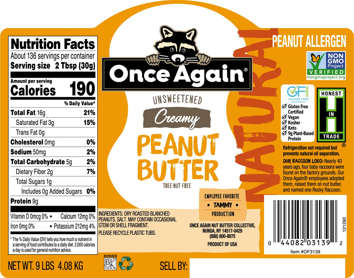 Once Again Natural Creamy Peanut Butter 9lb Bucket — Lightly Salted, Unsweetened | Gluten Free, Vegan, Kosher, Non-GMO