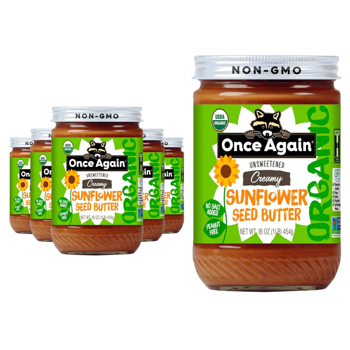 Once Again Organic Sunflower Butter — Unsweetened, No Salt or Sugar Added (6 x 16 oz Glass Jars)