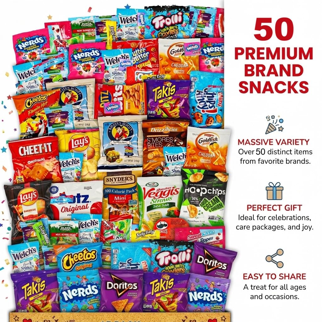 ONE CANDY WAY Snack Variety Care Package – 50-Count Ready-To-Gift Assorted Snacks