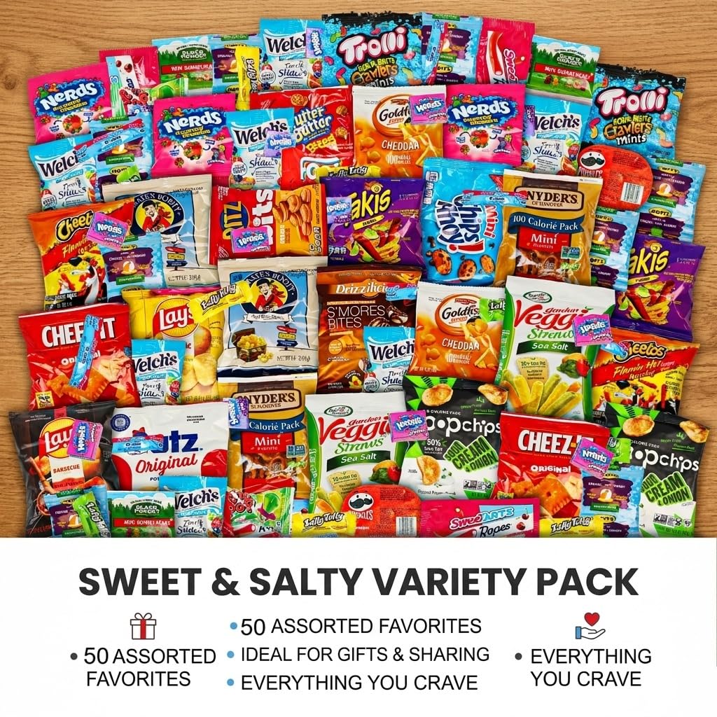 ONE CANDY WAY Snack Variety Care Package – 50-Count Ready-To-Gift Assorted Snacks