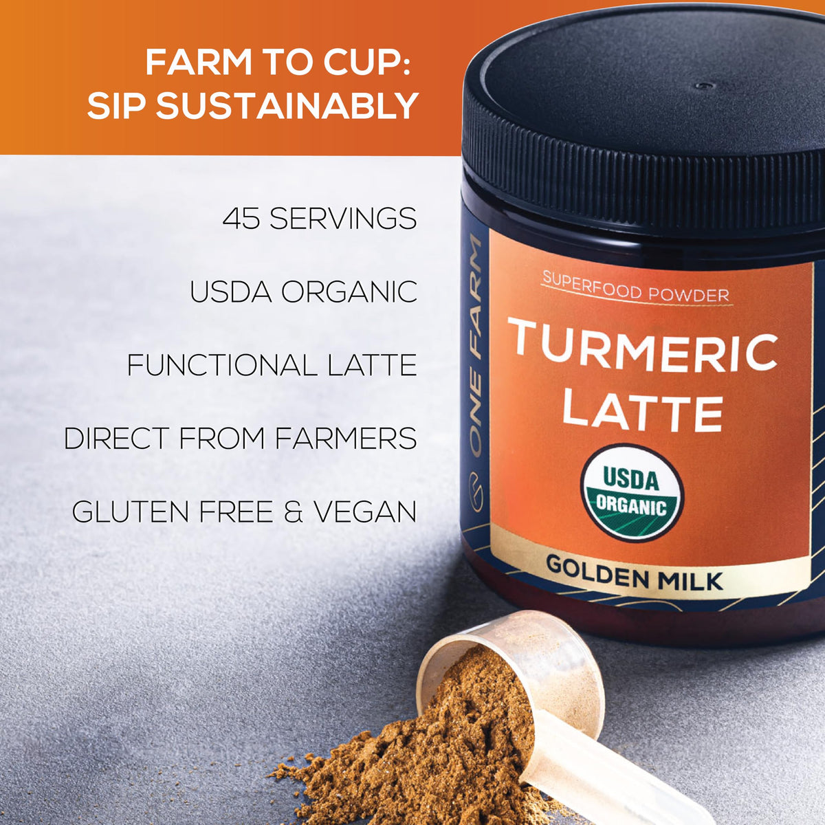 One Farm by WAAYB Turmeric Latte Powder – Organic Golden Milk Blend, 45 Servings