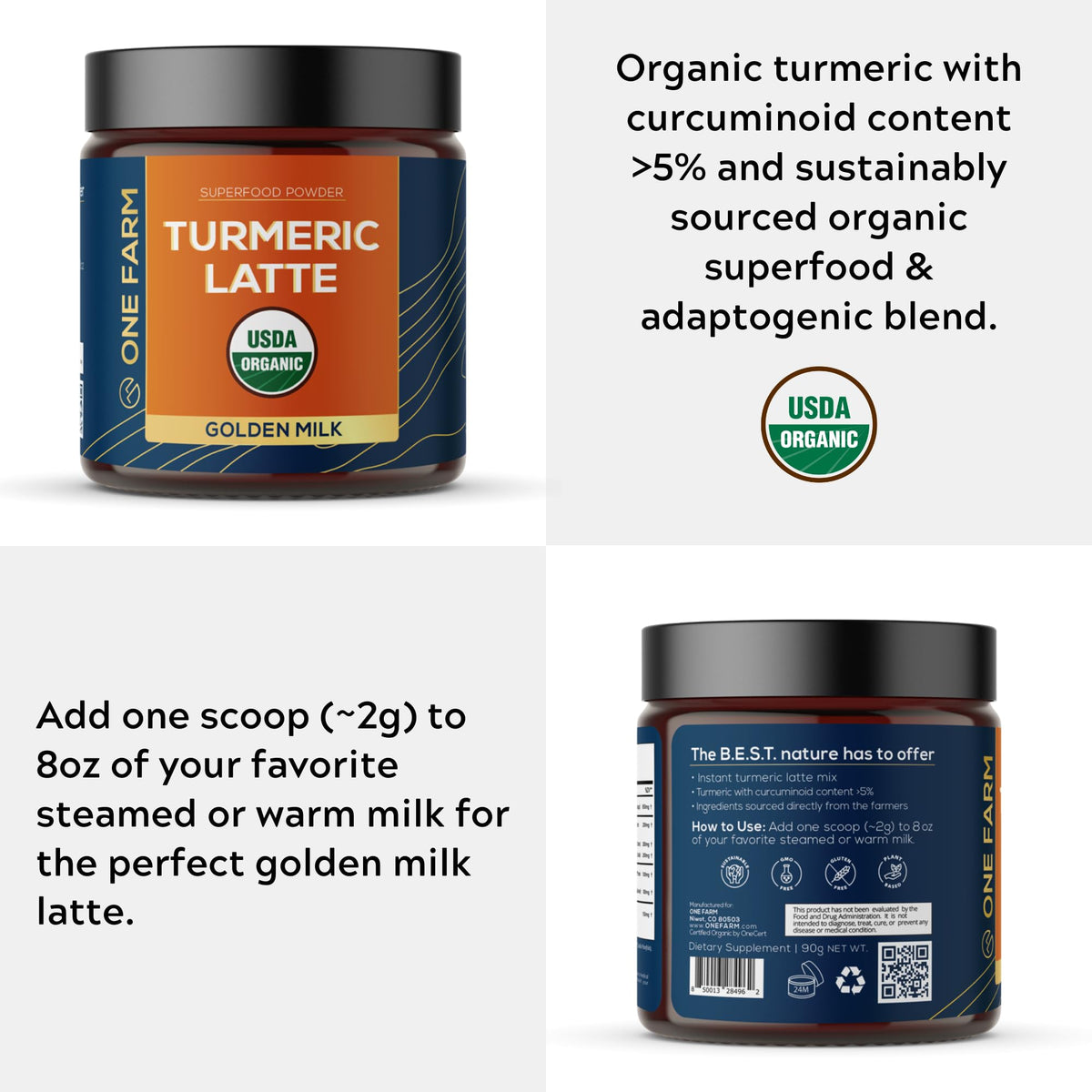 One Farm by WAAYB Turmeric Latte Powder – Organic Golden Milk Blend, 45 Servings