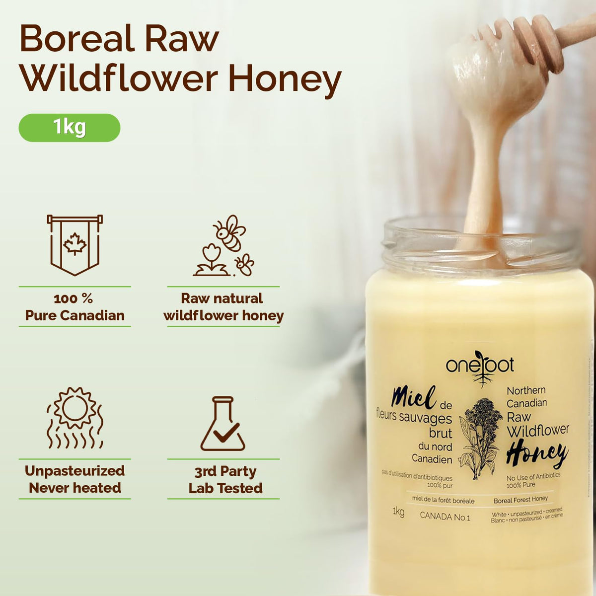 OneRoot 100% Canadian Wildflower Honey - 1kg, Unheated & Creamed, Raw & Pure
