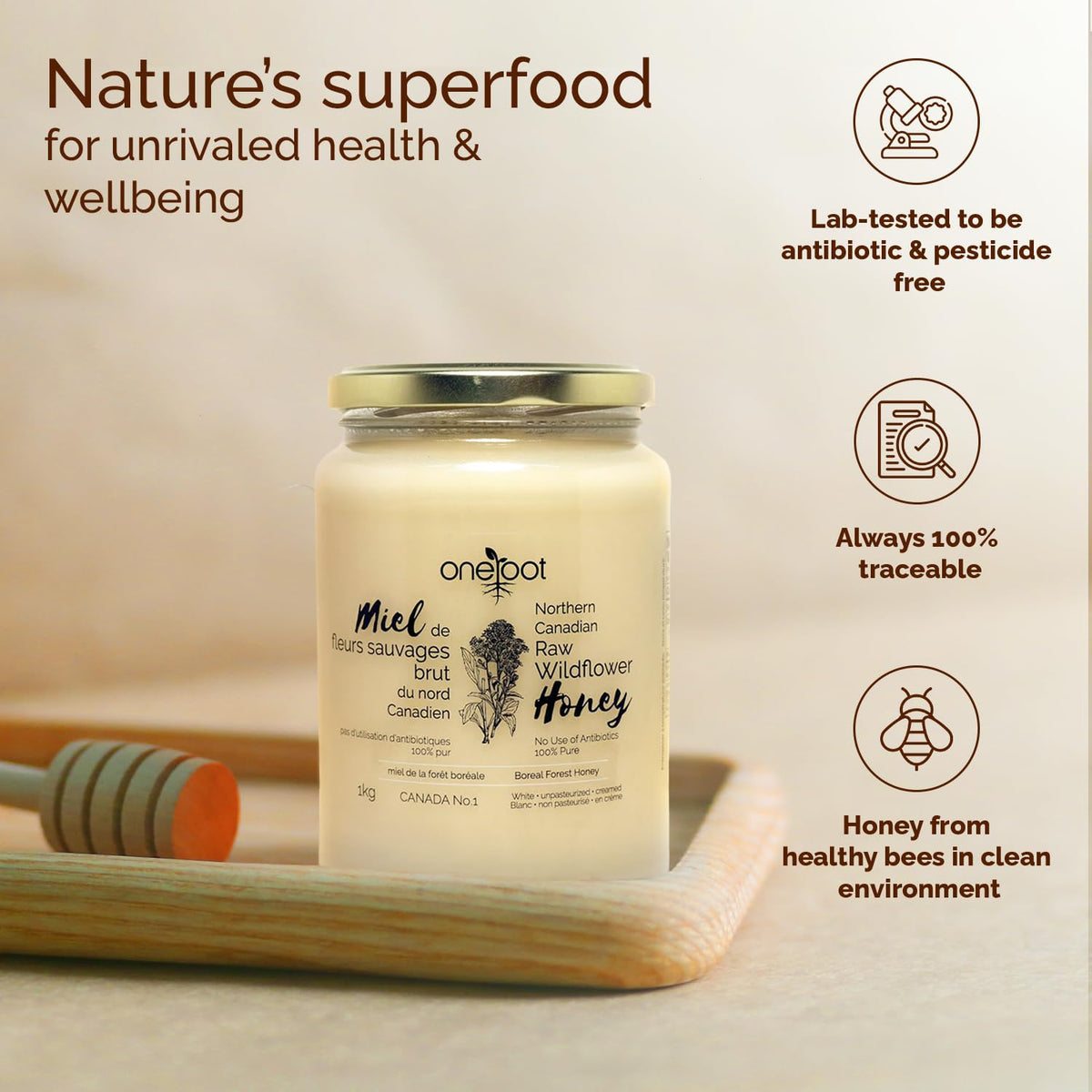 OneRoot 100% Canadian Wildflower Honey - 1kg, Unheated & Creamed, Raw & Pure