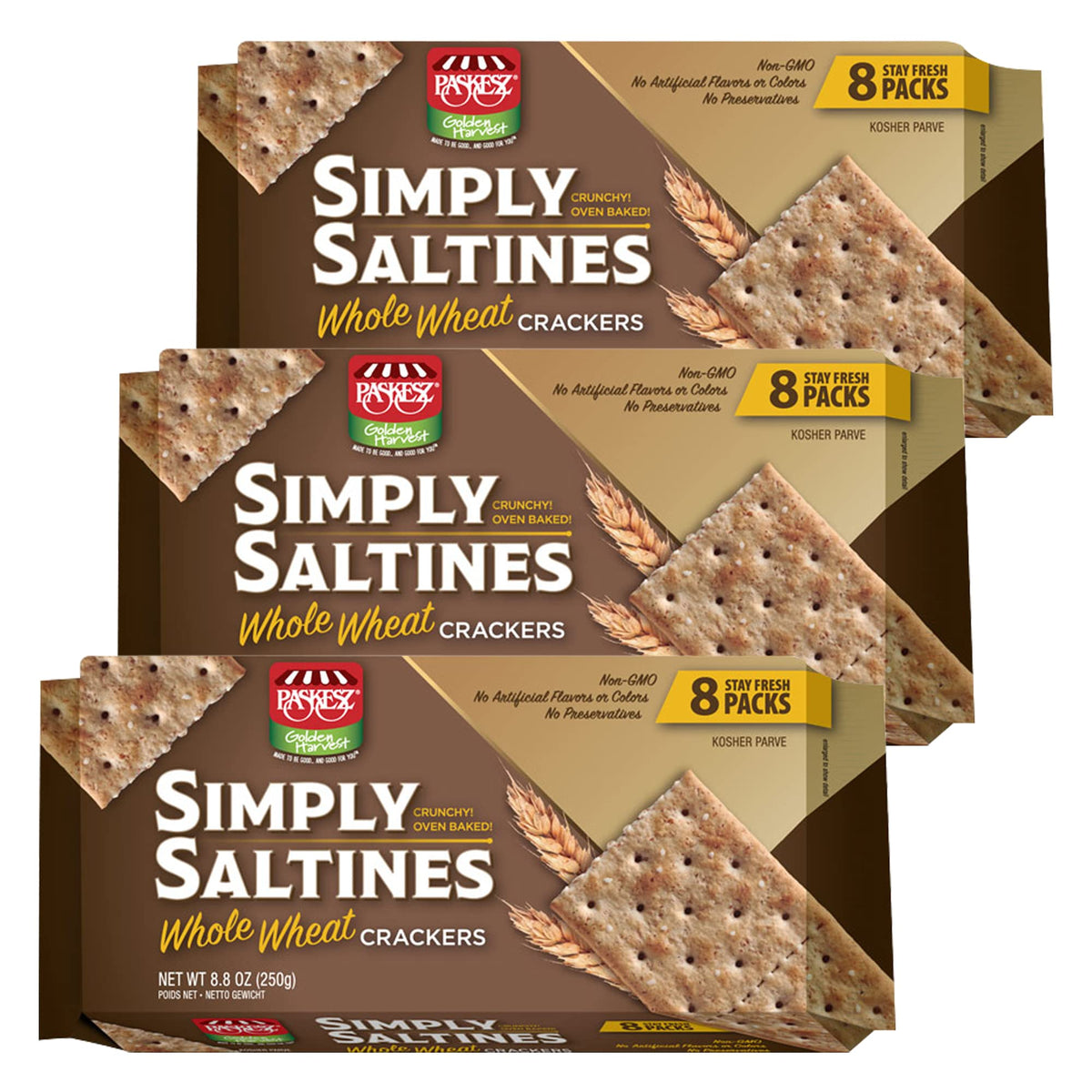 Only Kosher Candy Simply Saltines Whole Wheat Crackers – Kosher Parve, Non-GMO, 8 Stay Fresh Packs, 3-Pack