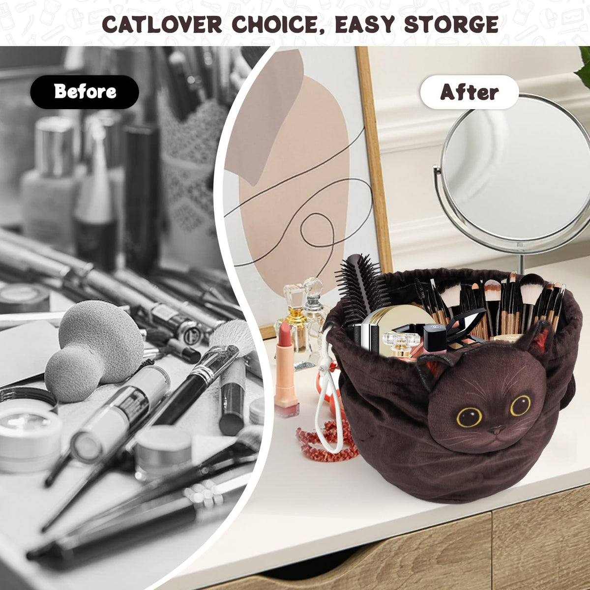 Openhahaha Drawstring Makeup Bag, Cat Makeup Bag, Travel Makeup Organizer, Cosmetic Pouch Bag, Cat Gift for Women, Lay Flat Makeup Bag Gifts for Cat Lovers