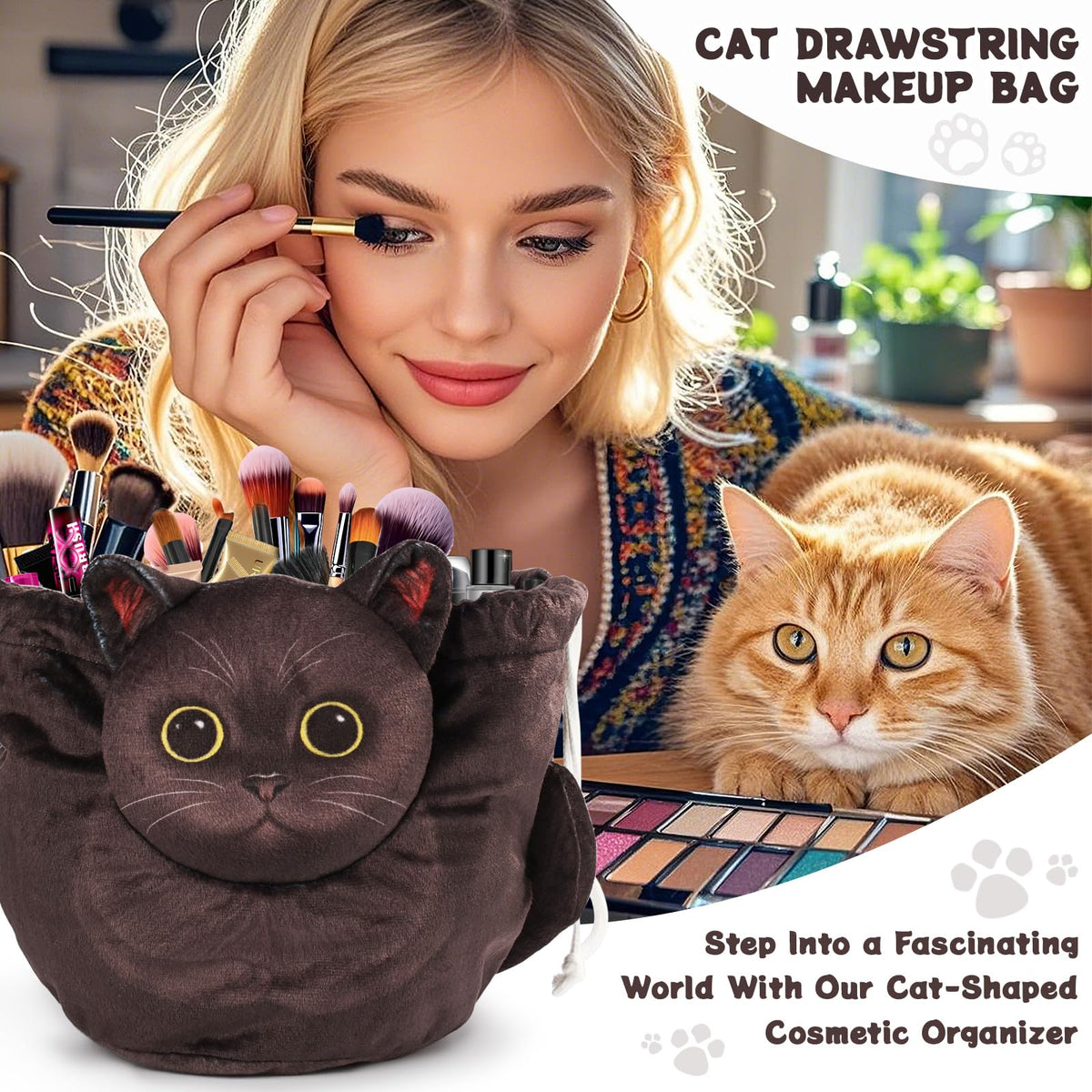 Openhahaha Drawstring Makeup Bag, Cat Makeup Bag, Travel Makeup Organizer, Cosmetic Pouch Bag, Cat Gift for Women, Lay Flat Makeup Bag Gifts for Cat Lovers
