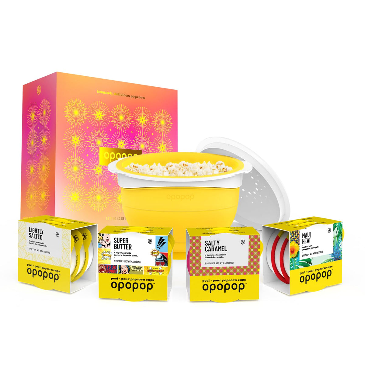 Opopop Gourmet Popcorn Gift Set – 12-Pack Variety Microwave Kit with Collapsible Popcorn Popper
