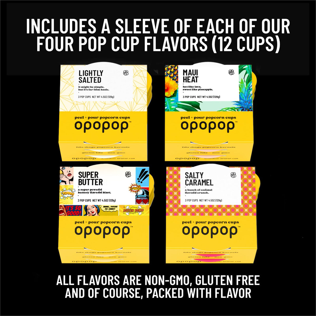 Opopop Gourmet Popcorn Gift Set – 12-Pack Variety Microwave Kit with Collapsible Popcorn Popper