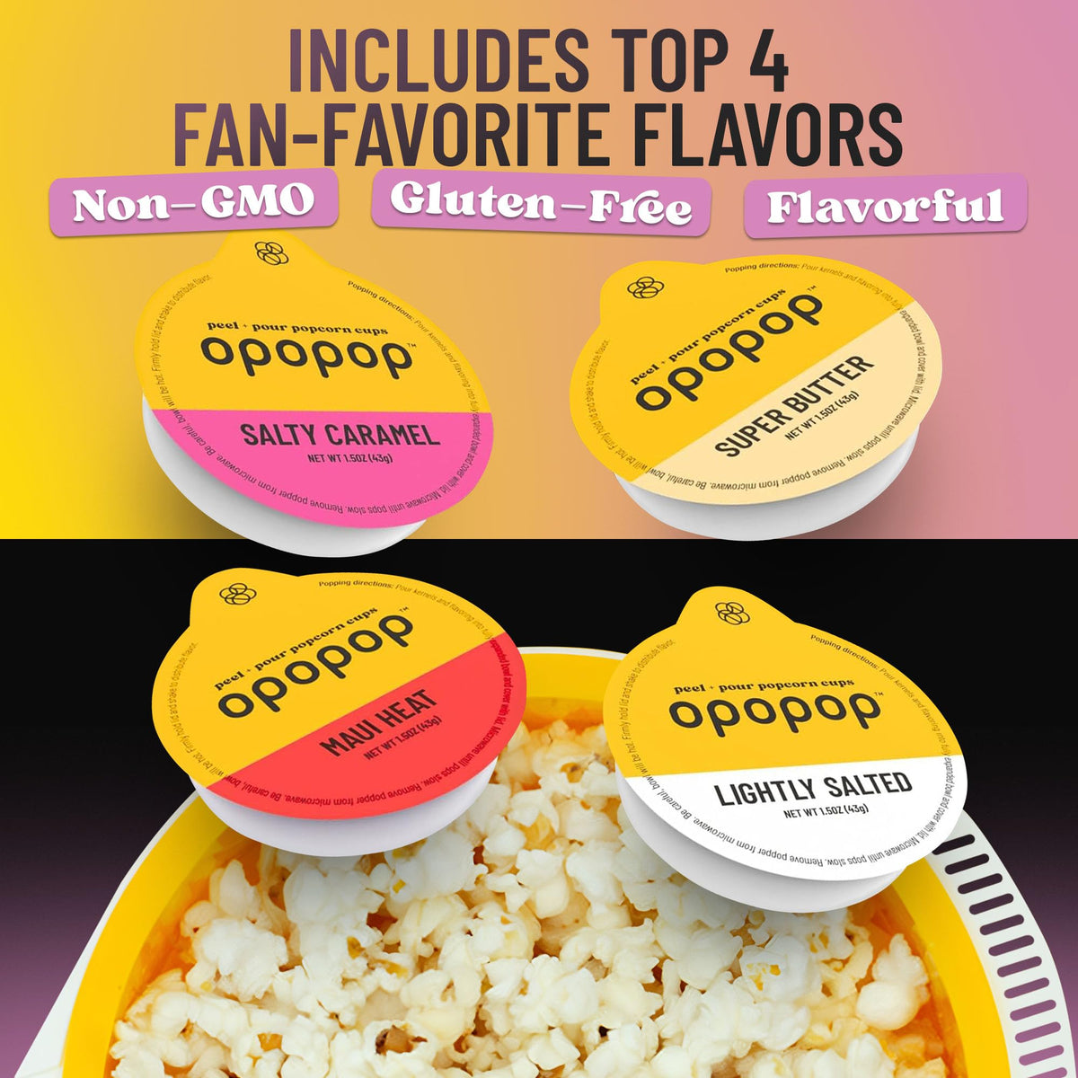 Opopop Microwave Popcorn Kit – Variety 4-Pack Gourmet Cups & Collapsible Popcorn Popper