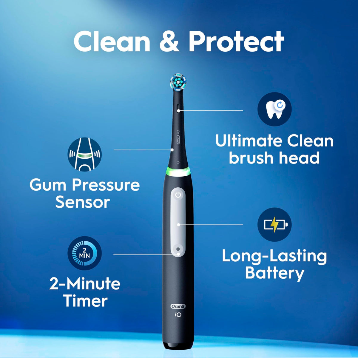 Oral-B iO Series 3 Limited Deep Clean Rechargeable Electric Toothbrush for Adults, Black, 3 Modes, Smart Pressure Sensor, Plaque Removal and Gum Care, 2 Replacement Brush Heads, Travel Case