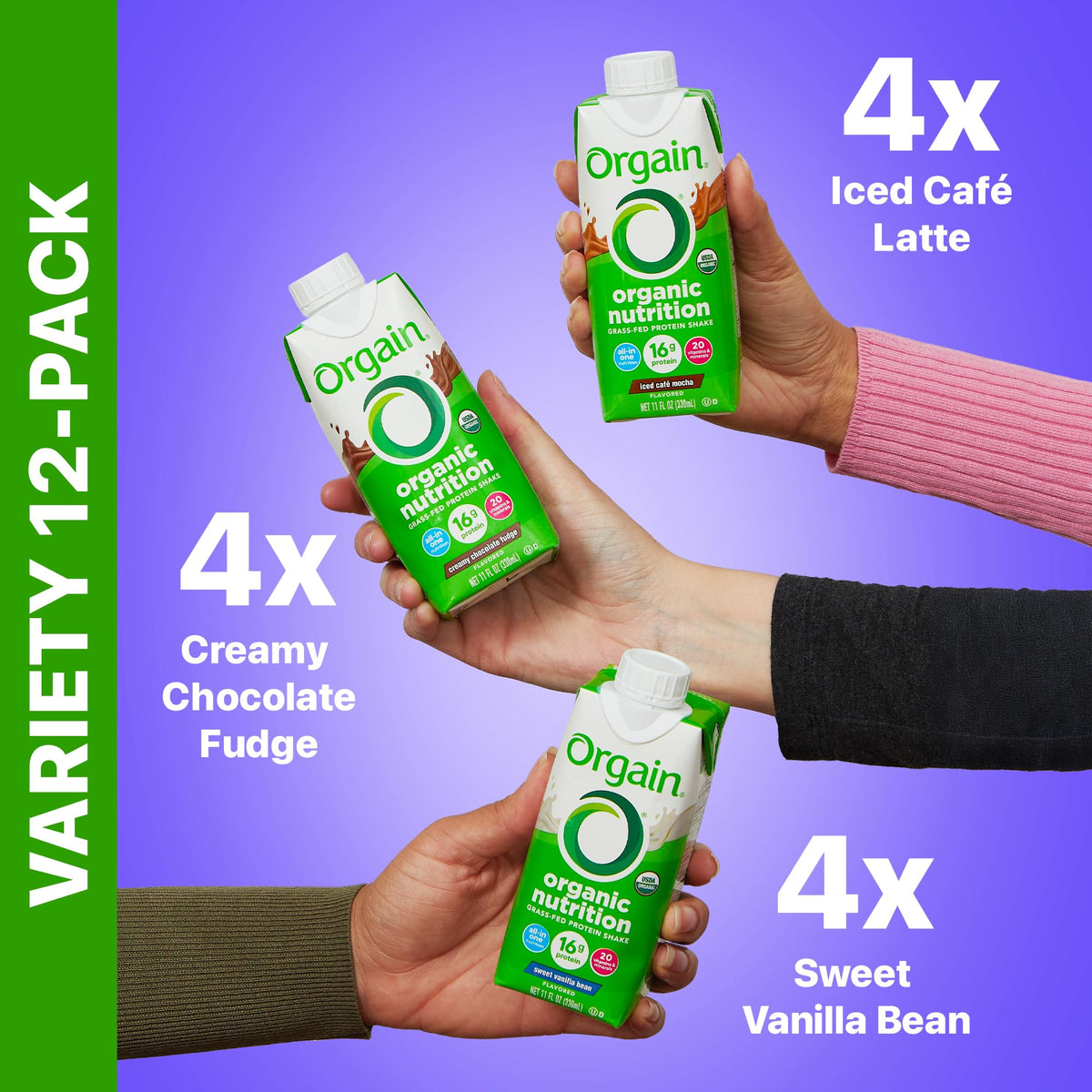 Orgain Organic Nutritional Protein Shake – 16g Grass-Fed Whey, 12x11oz (Chocolate, Vanilla, Mocha)