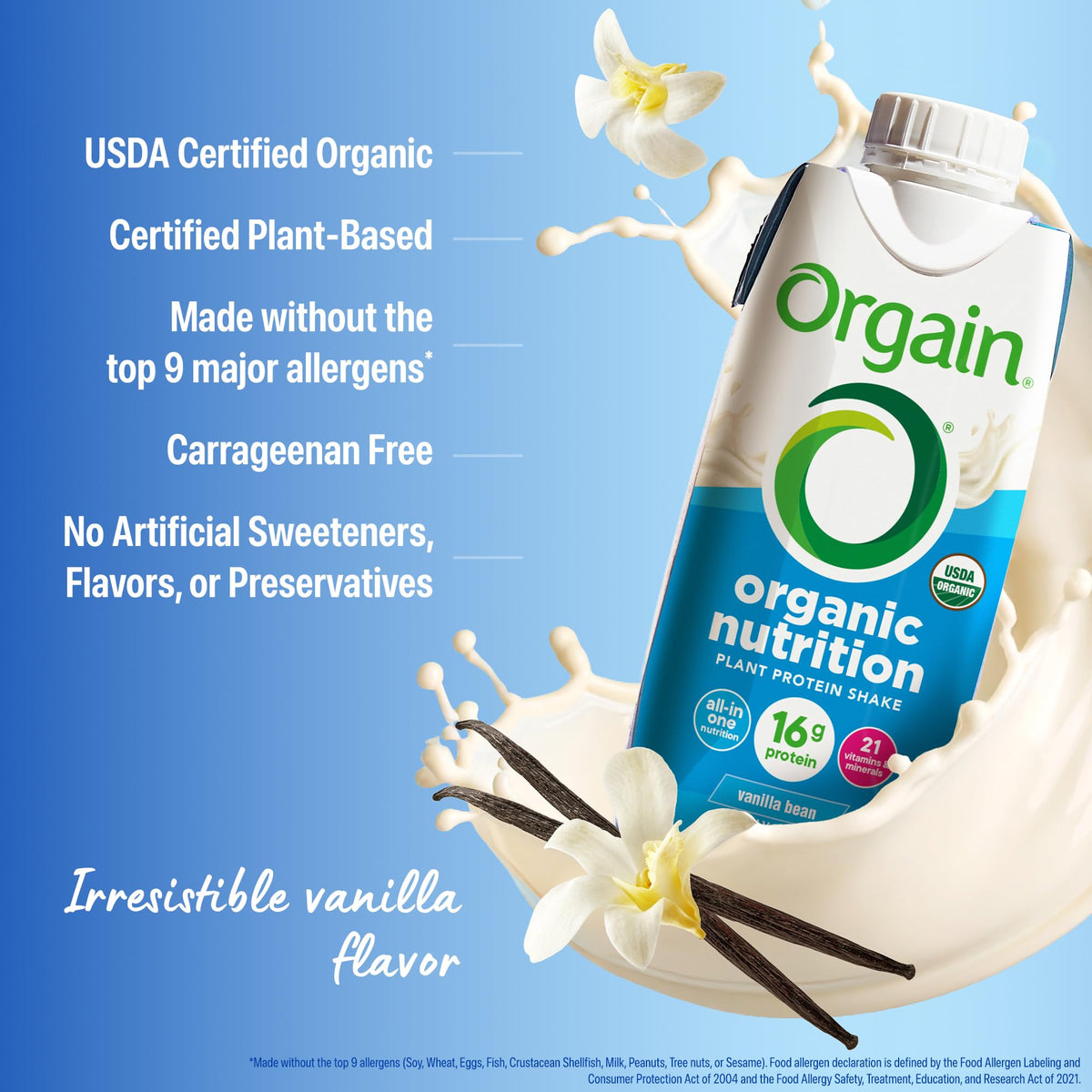 Orgain Organic Vegan Protein Shake Vanilla Bean — 16g Plant-Based Protein, 11 fl oz, 12-Pack