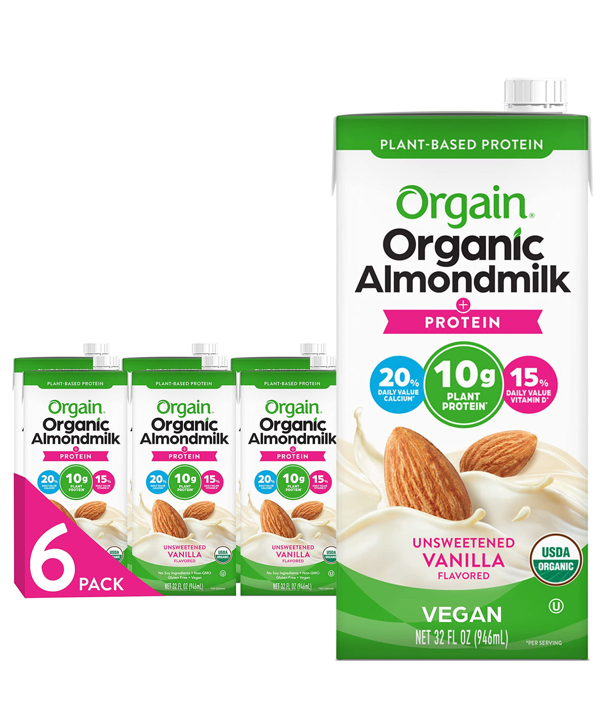 Orgain Organic Vegan Almond Milk, Unsweetened Vanilla – 10g Plant Protein, Calcium & Vitamin D, 32 oz (Pack of 6)