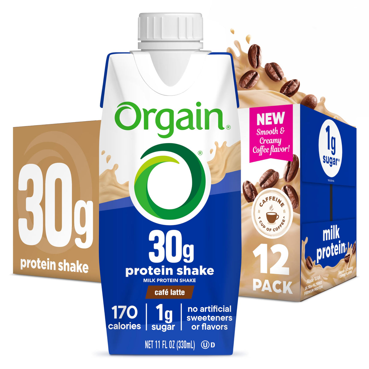 Orgain Café Latte 30g High Protein Shake – 12-Pack Ready-to-Drink, 1g Sugar, Gluten-Free