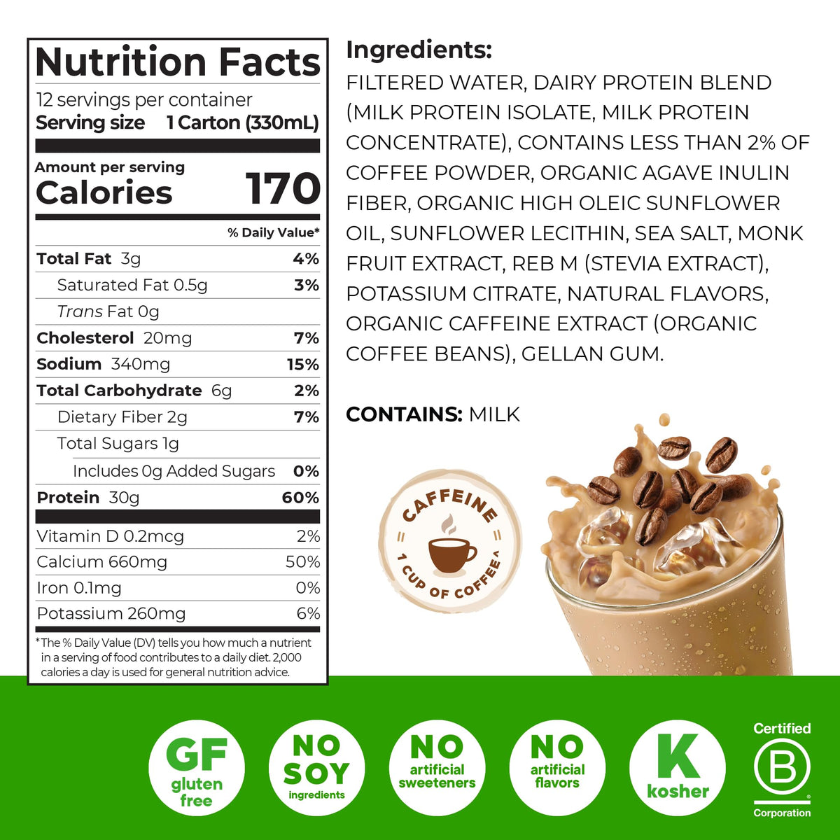 Orgain Café Latte 30g High Protein Shake – 12-Pack Ready-to-Drink, 1g Sugar, Gluten-Free