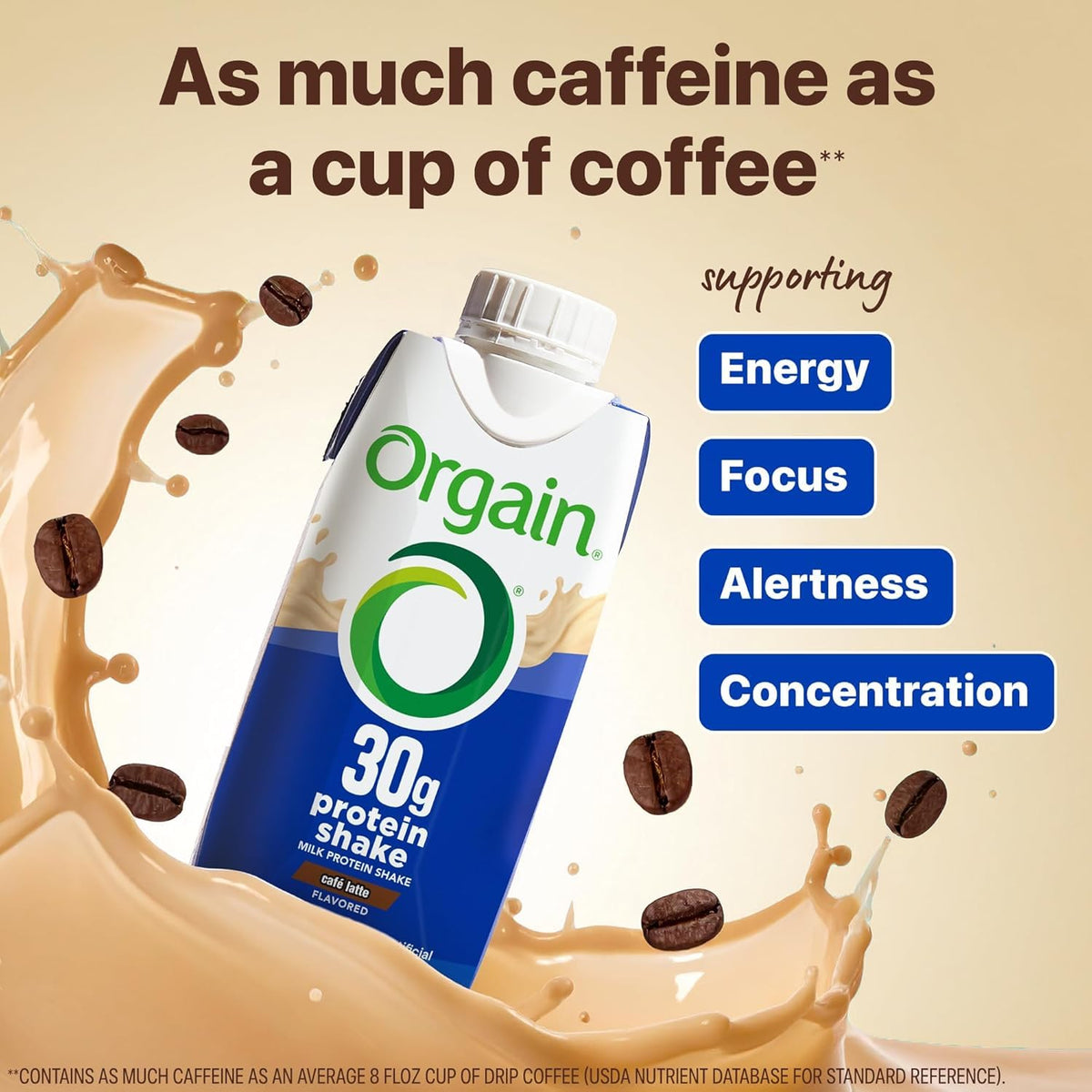 Orgain Café Latte 30g High Protein Shake – 12-Pack Ready-to-Drink, 1g Sugar, Gluten-Free