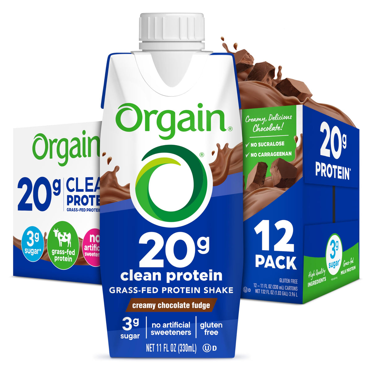 Orgain Clean Protein Shake – Creamy Chocolate Fudge, Grass-Fed Dairy, 20g Protein, 11oz RTD (Pack of 12)