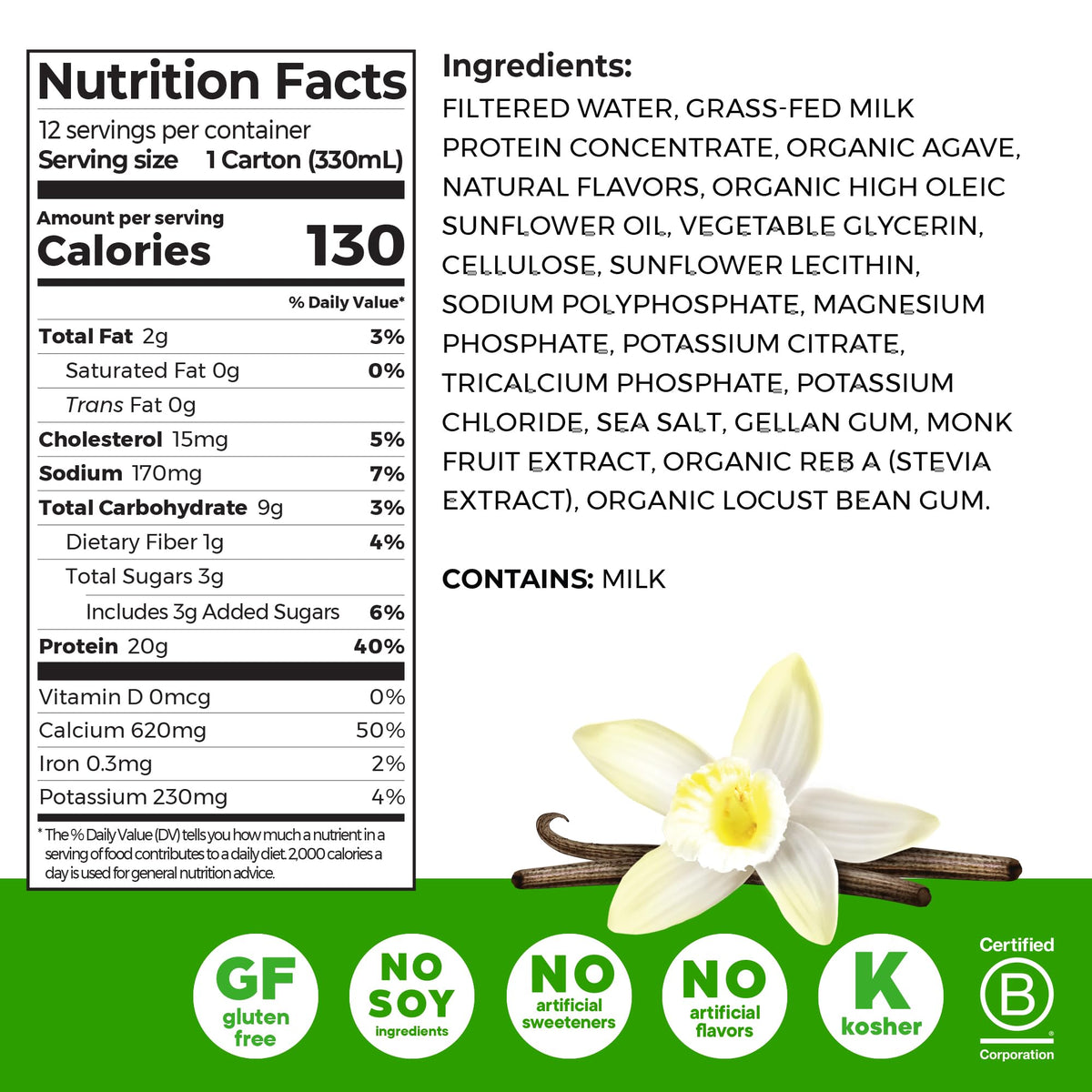 Orgain Clean Protein Shake Vanilla Bean – Grass-Fed Dairy, 20g Protein, Ready to Drink