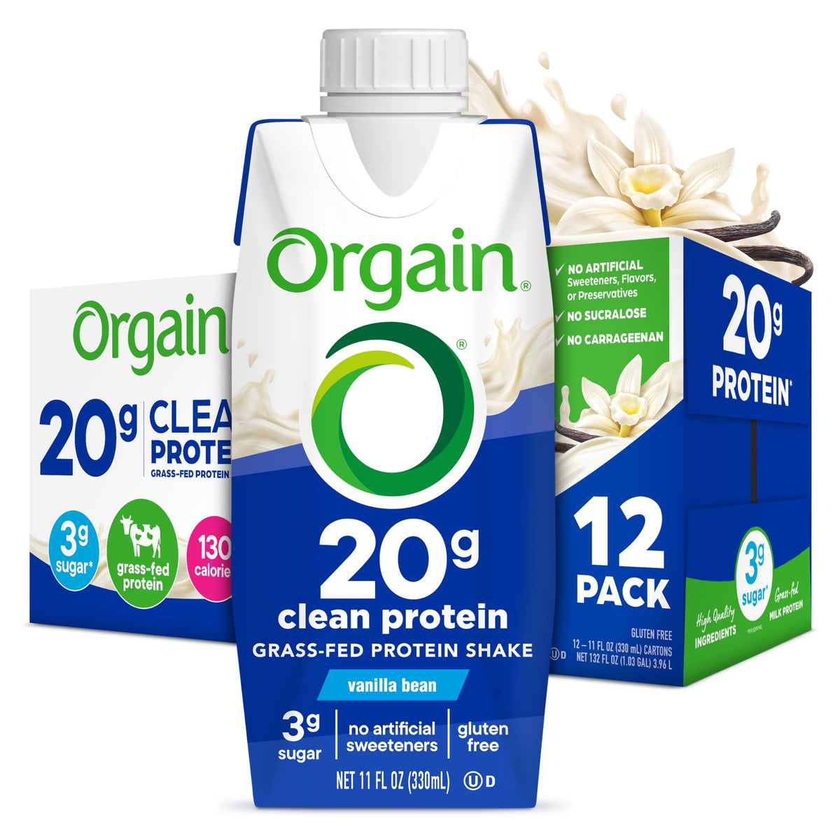 Orgain Clean Protein Shake Vanilla Bean – Grass-Fed Dairy, 20g Protein, Ready to Drink