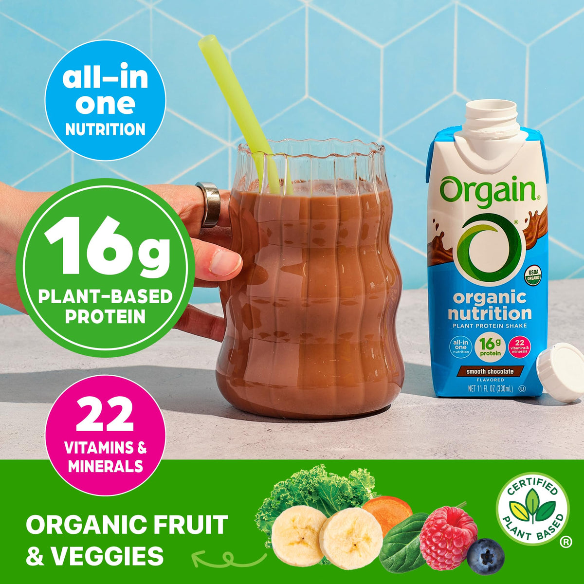 Orgain Organic Vegan Protein Shake – Smooth Chocolate, 16g Protein, 22 Vitamins & Minerals, 11 fl oz (12 Pack)