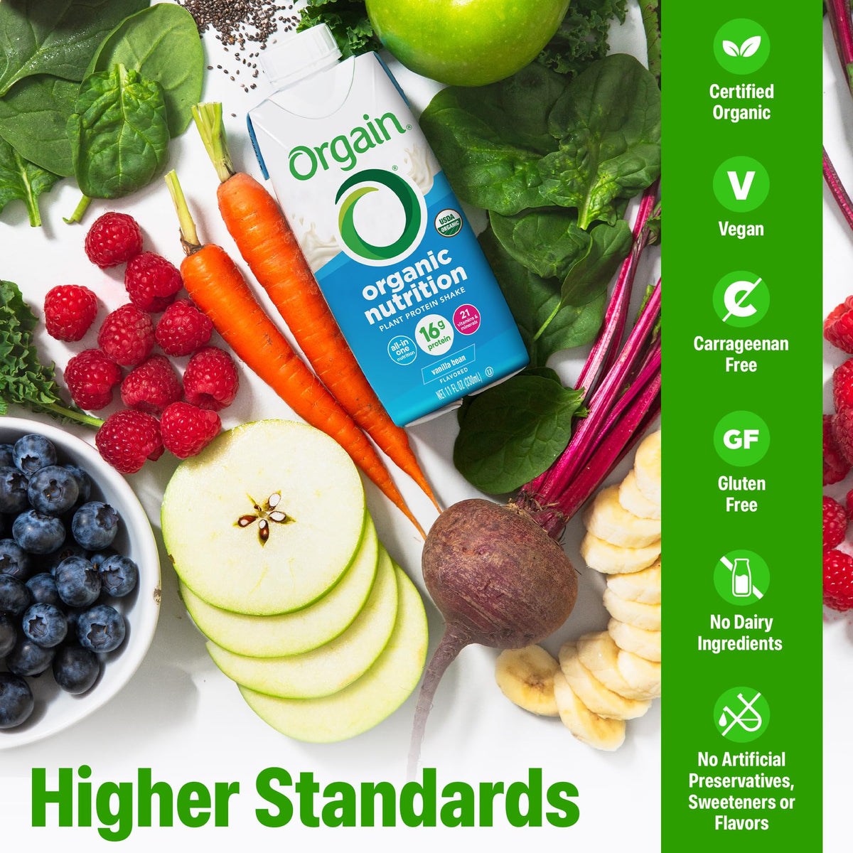Orgain Organic Vegan Protein Shake Vanilla Bean — 16g Plant-Based Protein, 11 fl oz, 12-Pack