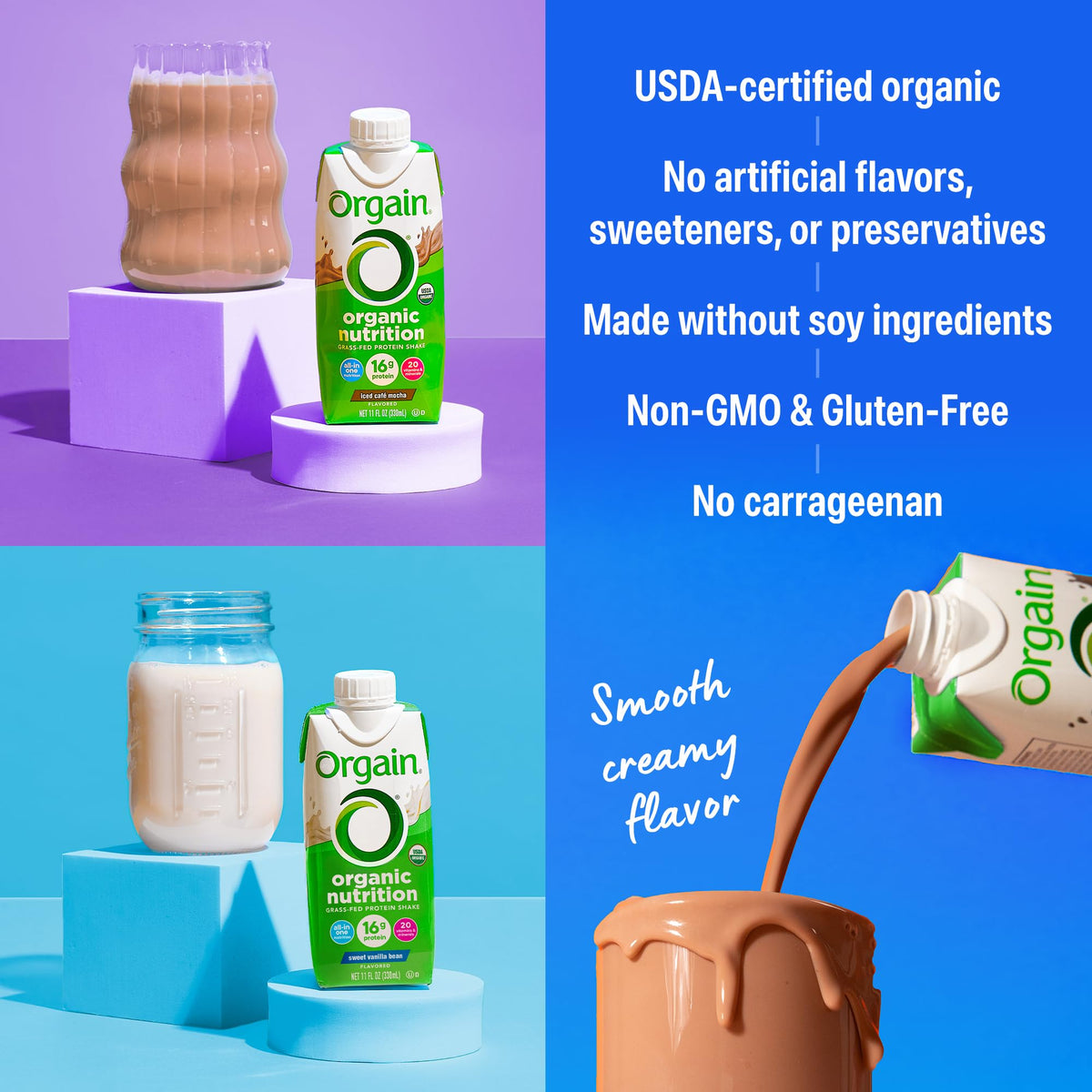 Orgain Organic Nutritional Protein Shake – 16g Grass-Fed Whey, 12x11oz (Chocolate, Vanilla, Mocha)