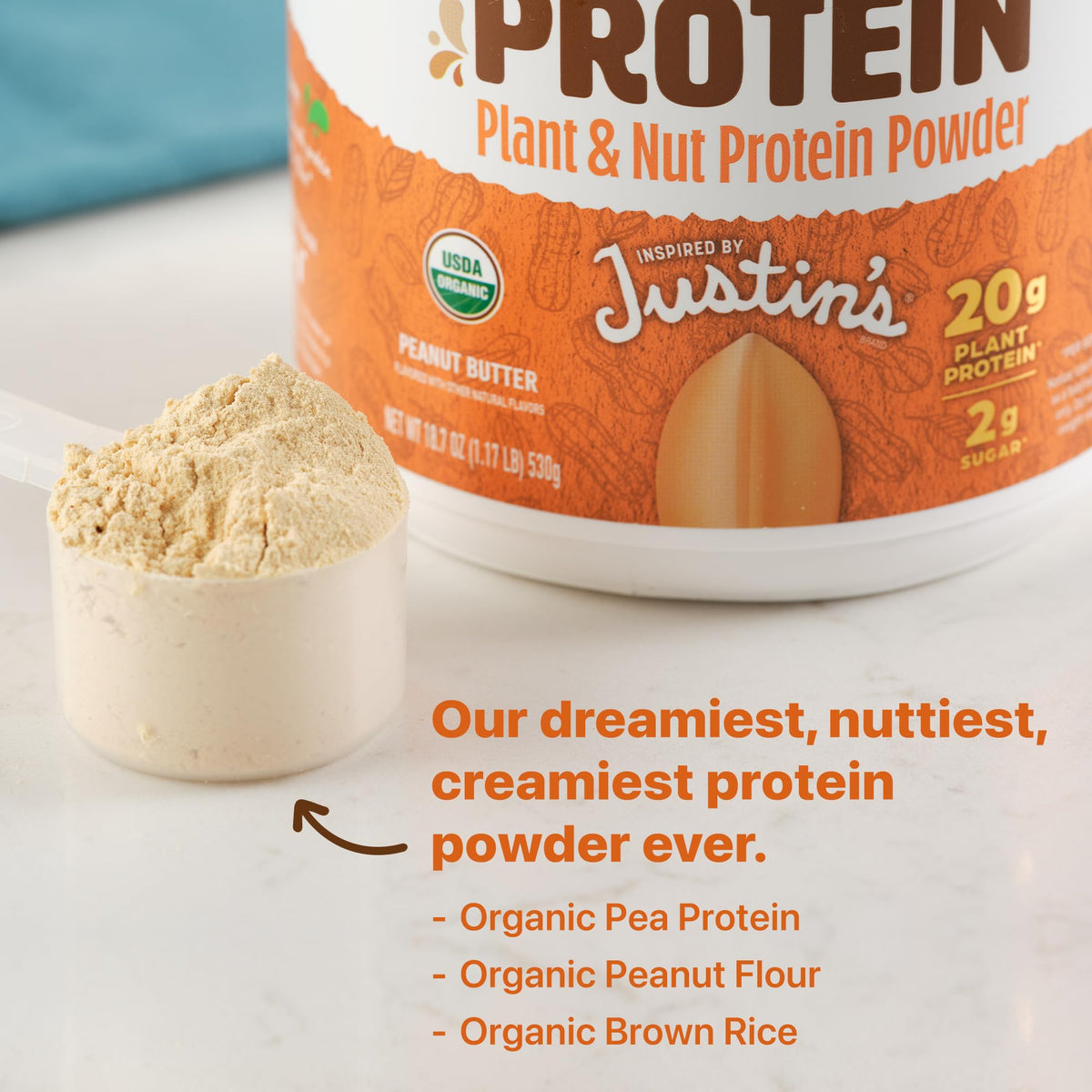 Orgain x Justin’s Organic Vegan Nut Butter Protein Powder – Peanut Butter, 20g Plant Protein, 2g Sugar, Gluten Free