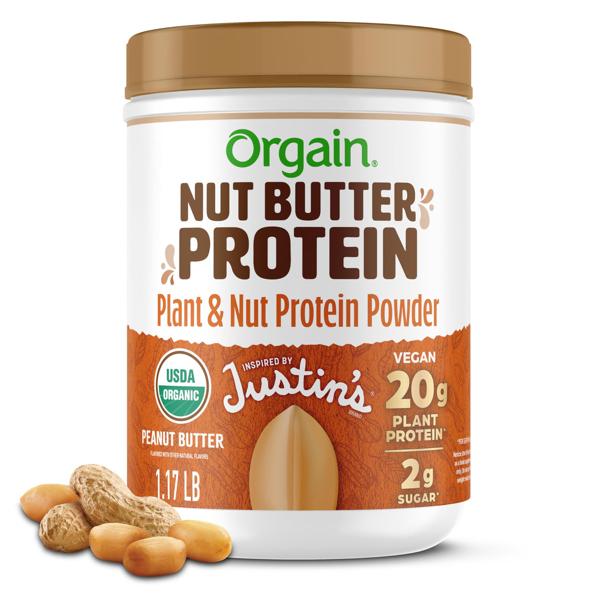 Orgain x Justin’s Organic Vegan Nut Butter Protein Powder – Peanut Butter, 20g Plant Protein, 2g Sugar, Gluten Free