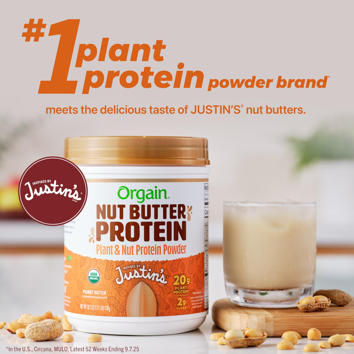 Orgain x Justin’s Organic Vegan Nut Butter Protein Powder – Peanut Butter, 20g Plant Protein, 2g Sugar, Gluten Free